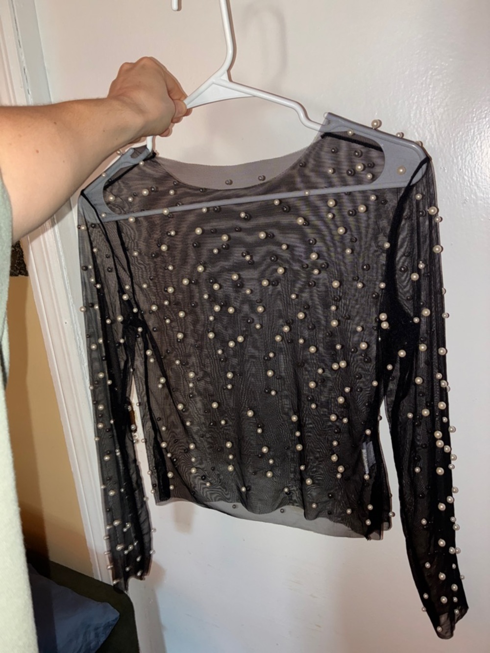 Black Sheer Pearl-Embellished Long Sleeve Top